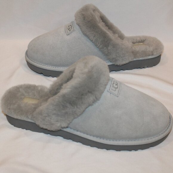 NEW UGG COZY WOMEN'S SUEDE SHEARLING LINED GRAY SLIPPERS‎ SZ 12 - Picture 1 of 6
